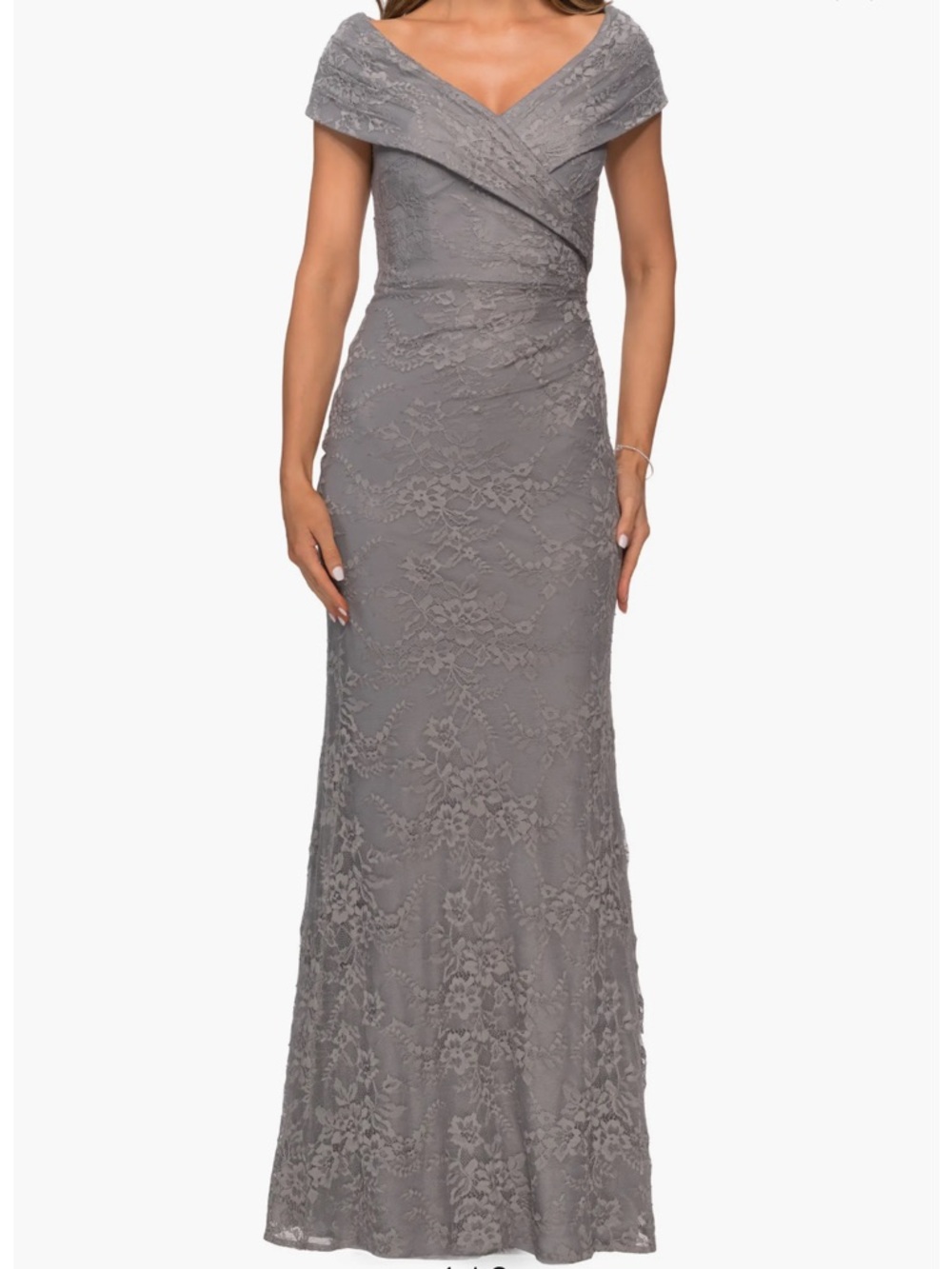 La Femme Off-Shoulder Lace Evening Gown in Gray size 12